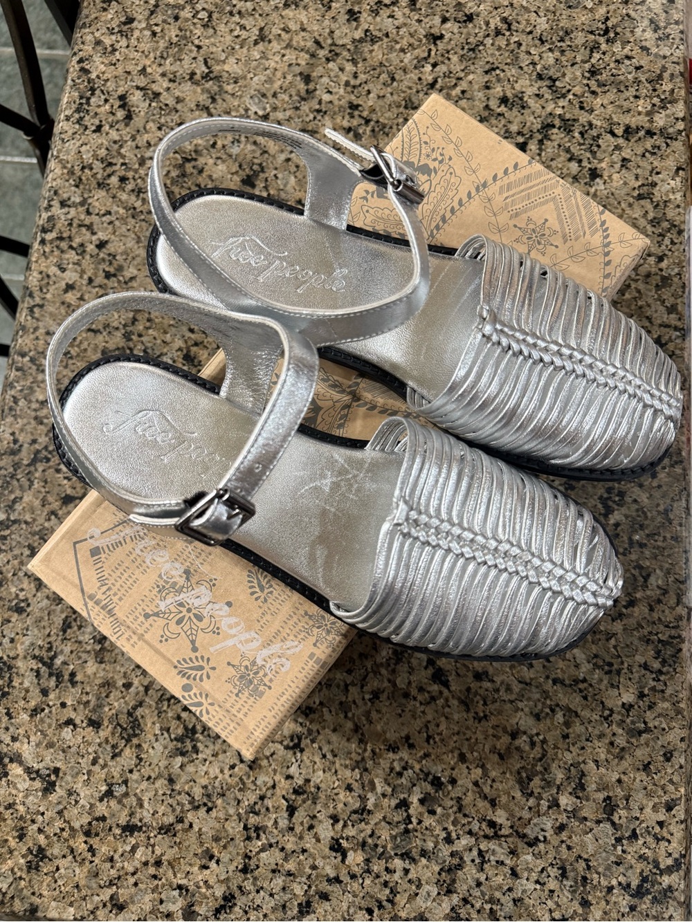 Free People Metallic Silver Braided Slingback Mules